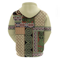 Beige Aotearoa Kowhaiwhai Pattern Zip Hoodie NZ Maori Quilt Style