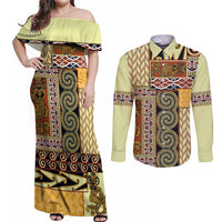 Yellow Aotearoa Kowhaiwhai Pattern Couples Matching Off Shoulder Maxi Dress and Long Sleeve Button Shirt NZ Maori Quilt Style LT14 Yellow - Polynesian Pride