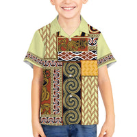 Yellow Aotearoa Kowhaiwhai Pattern Family Matching Off The Shoulder Long Sleeve Dress and Hawaiian Shirt NZ Maori Quilt Style
