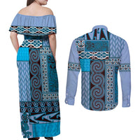 Blue Aotearoa Kowhaiwhai Pattern Couples Matching Off Shoulder Maxi Dress and Long Sleeve Button Shirt NZ Maori Quilt Style LT14 - Polynesian Pride