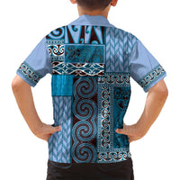 Blue Aotearoa Kowhaiwhai Pattern Family Matching Long Sleeve Bodycon Dress and Hawaiian Shirt NZ Maori Quilt Style