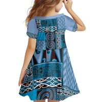 Blue Aotearoa Kowhaiwhai Pattern Family Matching Off The Shoulder Long Sleeve Dress and Hawaiian Shirt NZ Maori Quilt Style