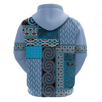 Blue Aotearoa Kowhaiwhai Pattern Zip Hoodie NZ Maori Quilt Style