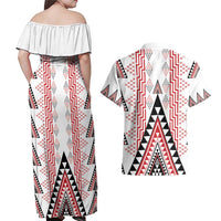 Aotearoa Taniko Couples Matching Off Shoulder Maxi Dress and Hawaiian Shirt Niho Taniwha Purapura Whetu Mix Poutama