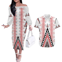 Aotearoa Taniko Couples Matching Off The Shoulder Long Sleeve Dress and Hawaiian Shirt Niho Taniwha Purapura Whetu Mix Poutama