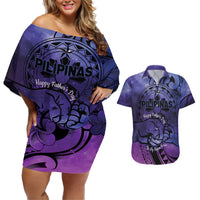 Philippines Father's Day Couples Matching Off Shoulder Short Dress and Hawaiian Shirt Polynesian Tattoo Galaxy Vibes