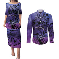 Philippines Father's Day Couples Matching Puletasi and Long Sleeve Button Shirt Polynesian Tattoo Galaxy Vibes LT14 Blue - Polynesian Pride