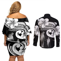 Guam Father's Day Couples Matching Off Shoulder Short Dress and Long Sleeve Button Shirt Chamorro Latte Stone Polynesian Pattern