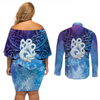 New Zealand Matariki Couples Matching Off Shoulder Short Dress and Long Sleeve Button Shirt Aotearoa Maori New Year Manaia Galaxy Vibes
