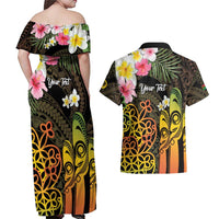 Personalised Vanuatu Independence Day Couples Matching Off Shoulder Maxi Dress and Hawaiian Shirt Carving Drum Sand Drawing Turtle