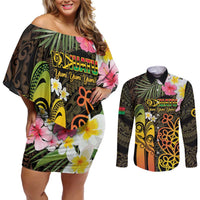 Personalised Vanuatu Independence Day Couples Matching Off Shoulder Short Dress and Long Sleeve Button Shirt Carving Drum Sand Drawing Turtle