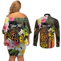 Personalised Vanuatu Independence Day Couples Matching Off Shoulder Short Dress and Long Sleeve Button Shirt Carving Drum Sand Drawing Turtle