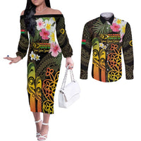 Personalised Vanuatu Independence Day Couples Matching Off The Shoulder Long Sleeve Dress and Long Sleeve Button Shirt Carving Drum Sand Drawing Turtle