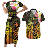 Personalised Vanuatu Independence Day Couples Matching Short Sleeve Bodycon Dress and Hawaiian Shirt Carving Drum Sand Drawing Turtle