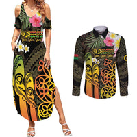 Personalised Vanuatu Independence Day Couples Matching Summer Maxi Dress and Long Sleeve Button Shirt Carving Drum Sand Drawing Turtle