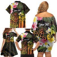 Personalised Vanuatu Independence Day Family Matching Off Shoulder Short Dress and Hawaiian Shirt Carving Drum Sand Drawing Turtle