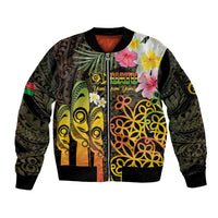 Personalised Vanuatu Independence Day Sleeve Zip Bomber Jacket Carving Drum Sand Drawing Turtle LT14 Unisex Black - Polynesian Pride