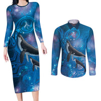 Paikea New Zealand Matariki Couples Matching Long Sleeve Bodycon Dress and Long Sleeve Button Shirt Humpback Whale Taniko Motifs Ocean Vibes LT14 Blue - Polynesian Pride