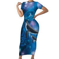 Paikea New Zealand Matariki Family Matching Short Sleeve Bodycon Dress and Hawaiian Shirt Humpback Whale Taniko Motifs Ocean Vibes LT14 Mom's Dress Blue - Polynesian Pride