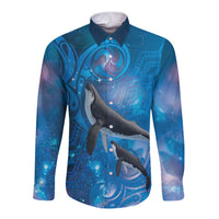 Paikea New Zealand Matariki Long Sleeve Button Shirt Humpback Whale Taniko Motifs Ocean Vibes LT14 Unisex Blue - Polynesian Pride