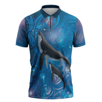 Paikea New Zealand Matariki Zipper Polo Shirt Humpback Whale Taniko Motifs Ocean Vibes LT14 Blue - Polynesian Pride
