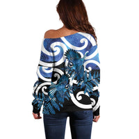 Piwakawaka New Zealand Matariki Off Shoulder Sweater Maori New Year Silver Fern Blue Galaxy LT14 - Polynesian Pride