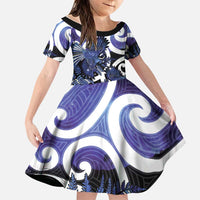 Piwakawaka New Zealand Matariki Family Matching Long Sleeve Bodycon Dress and Hawaiian Shirt Maori New Year Silver Fern Purple Galaxy LT14 Daughter's Dress Purple - Polynesian Pride