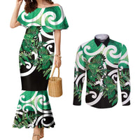 Piwakawaka New Zealand Matariki Couples Matching Mermaid Dress and Long Sleeve Button Shirt Maori New Year Silver Fern Green Galaxy LT14 Green - Polynesian Pride