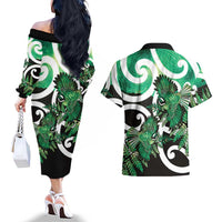 Piwakawaka New Zealand Matariki Couples Matching Off The Shoulder Long Sleeve Dress and Hawaiian Shirt Maori New Year Silver Fern Green Galaxy LT14 - Polynesian Pride