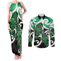 Piwakawaka New Zealand Matariki Couples Matching Tank Maxi Dress and Long Sleeve Button Shirt Maori New Year Silver Fern Green Galaxy LT14 Green - Polynesian Pride