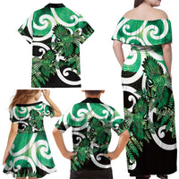 Piwakawaka New Zealand Matariki Family Matching Off Shoulder Maxi Dress and Hawaiian Shirt Maori New Year Silver Fern Green Galaxy LT14 - Polynesian Pride