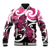 Piwakawaka New Zealand Matariki Baseball Jacket Maori New Year Silver Fern Pink Galaxy LT14 Unisex Pink - Polynesian Pride