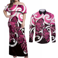 Piwakawaka New Zealand Matariki Couples Matching Off Shoulder Maxi Dress and Long Sleeve Button Shirt Maori New Year Silver Fern Pink Galaxy LT14 Pink - Polynesian Pride