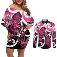 Piwakawaka New Zealand Matariki Couples Matching Off Shoulder Short Dress and Long Sleeve Button Shirt Maori New Year Silver Fern Pink Galaxy LT14 Pink - Polynesian Pride