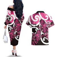 Piwakawaka New Zealand Matariki Couples Matching Off The Shoulder Long Sleeve Dress and Hawaiian Shirt Maori New Year Silver Fern Pink Galaxy LT14 - Polynesian Pride