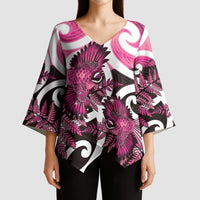 Piwakawaka New Zealand Matariki Kimono Sleeve Blouse Maori New Year Silver Fern Pink Galaxy LT14 - Polynesian Pride