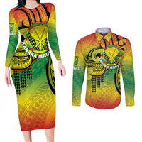 Hawaii Flag Day Couples Matching Long Sleeve Bodycon Dress and Long Sleeve Button Shirt Kanaka Maoli With Kakau Polynesian Pattern LT14