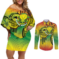 Hawaii Flag Day Couples Matching Off Shoulder Short Dress and Long Sleeve Button Shirt Kanaka Maoli With Kakau Polynesian Pattern LT14 Green - Polynesian Pride