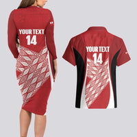 Tonga Rugby Custom Couples Matching Long Sleeve Bodycon Dress and Hawaiian Shirt Go ʻIkale Tahi Go Tongan Tapa Cloth
