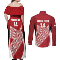 Tonga Rugby Custom Couples Matching Off Shoulder Maxi Dress and Long Sleeve Button Shirt Go ʻIkale Tahi Go Tongan Tapa Cloth