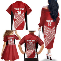 Tonga Rugby Custom Family Matching Off The Shoulder Long Sleeve Dress and Hawaiian Shirt Go ʻIkale Tahi Go Tongan Tapa Cloth