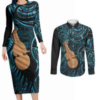 Kotiate New Zealand Couples Matching Long Sleeve Bodycon Dress and Long Sleeve Button Shirt Maori Weapon Paua Shell Haka Fern LT14 Turquoise - Polynesian Pride