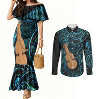 Kotiate New Zealand Couples Matching Mermaid Dress and Long Sleeve Button Shirt Maori Weapon Paua Shell Haka Fern LT14 Turquoise - Polynesian Pride