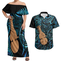Kotiate New Zealand Couples Matching Off Shoulder Maxi Dress and Hawaiian Shirt Maori Weapon Paua Shell Haka Fern LT14 Turquoise - Polynesian Pride
