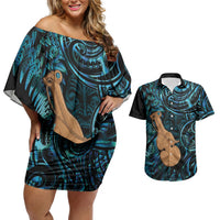 Kotiate New Zealand Couples Matching Off Shoulder Short Dress and Hawaiian Shirt Maori Weapon Paua Shell Haka Fern LT14 Turquoise - Polynesian Pride