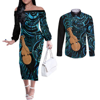 Kotiate New Zealand Couples Matching Off The Shoulder Long Sleeve Dress and Long Sleeve Button Shirt Maori Weapon Paua Shell Haka Fern