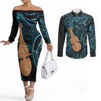 Kotiate New Zealand Couples Matching Off The Shoulder Long Sleeve Dress and Long Sleeve Button Shirt Maori Weapon Paua Shell Haka Fern LT14 Turquoise - Polynesian Pride