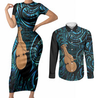 Kotiate New Zealand Couples Matching Short Sleeve Bodycon Dress and Long Sleeve Button Shirt Maori Weapon Paua Shell Haka Fern LT14 Turquoise - Polynesian Pride
