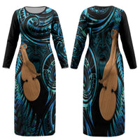Kotiate New Zealand Family Matching Long Sleeve Bodycon Dress and Hawaiian Shirt Maori Weapon Paua Shell Haka Fern LT14 Mom's Dress Turquoise - Polynesian Pride