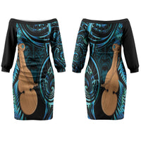 Kotiate New Zealand Family Matching Off The Shoulder Long Sleeve Dress and Hawaiian Shirt Maori Weapon Paua Shell Haka Fern LT14 Mom's Dress Turquoise - Polynesian Pride